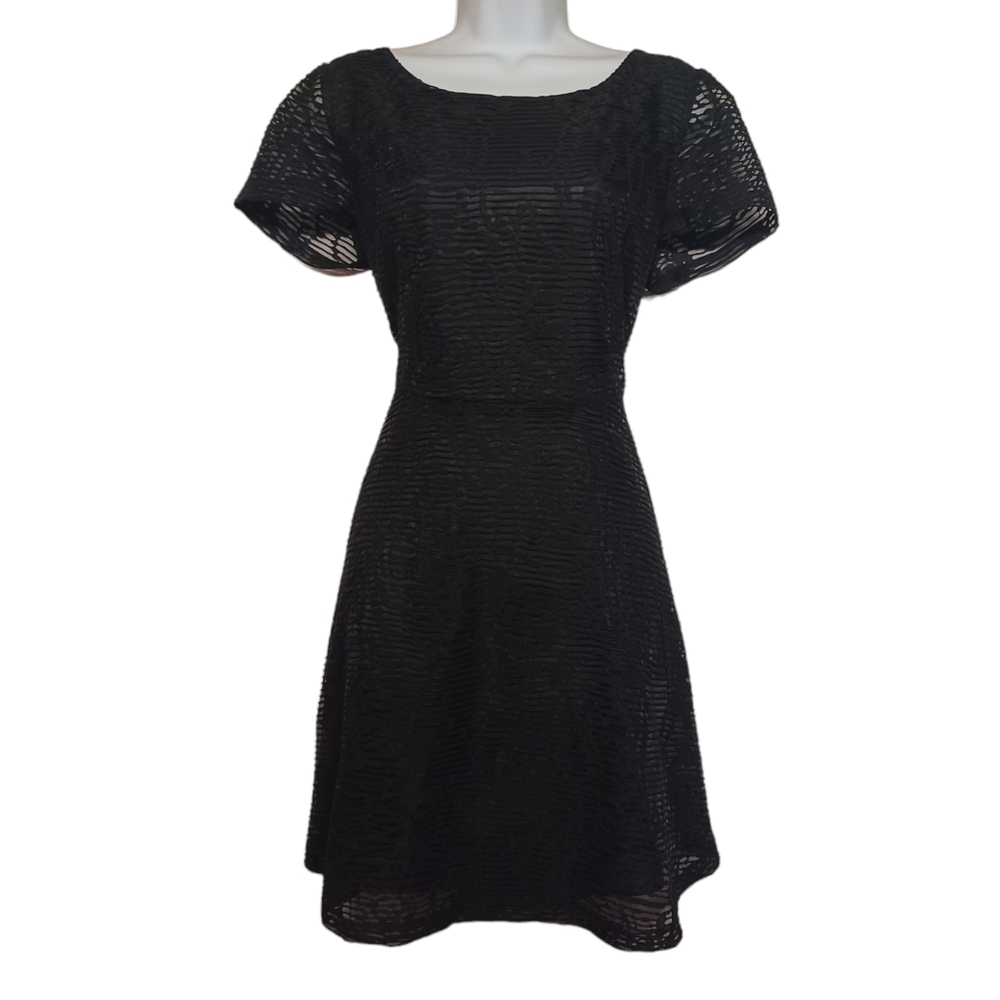 LC LAUREN CONRAD Textured Print Black Short Sleeve A-Line Mini Dress 14